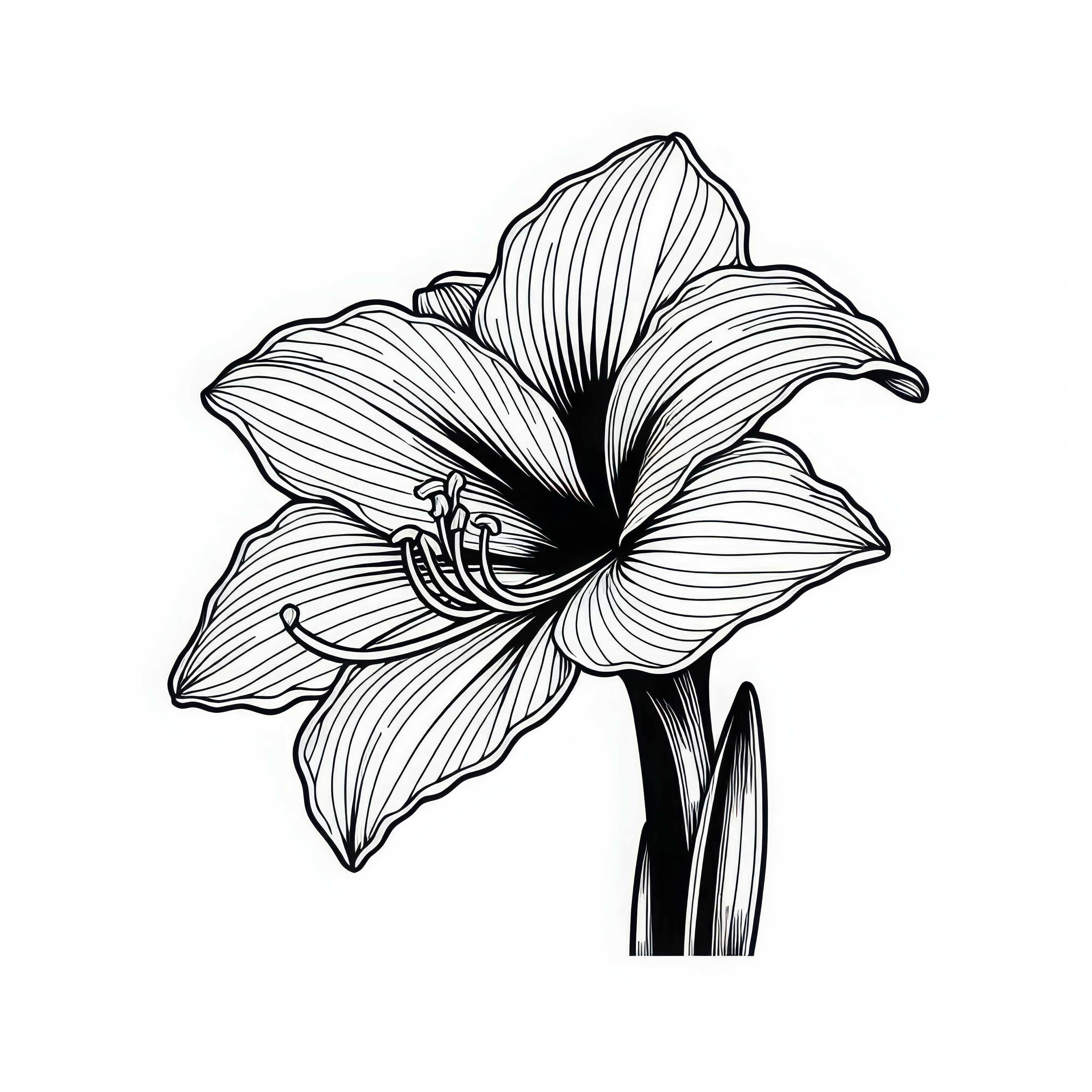 Bloom of the amaryllis with funnel-shaped form and slightly curved leaves – free coloring page Amaryllis blossom with funnel-shaped form and slightly curved leaves – free coloring page