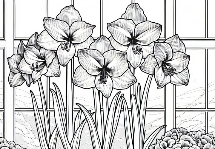 Více květin, Amaryllis kvetou na slunném parapetu – obrázek na vybarvení zdarma