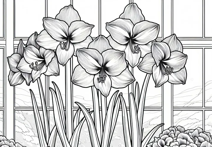 Více květin, Amaryllis kvetou na slunném parapetu – obrázek na vybarvení zdarma