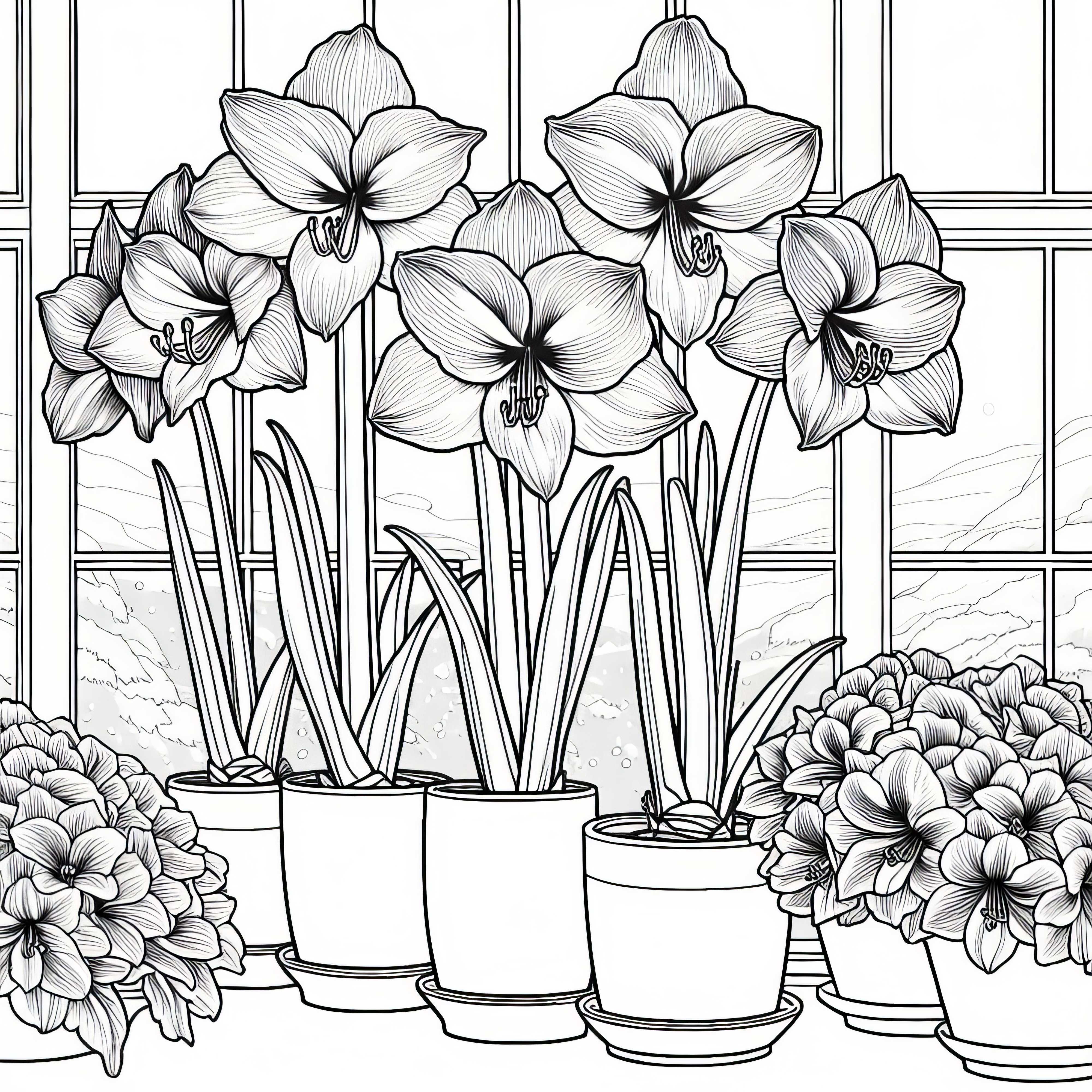 Several flowers, Amaryllis blooming on a sunny windowsill - free coloring page Several flowers, Amaryllis blooming on a sunny windowsill – free coloring page