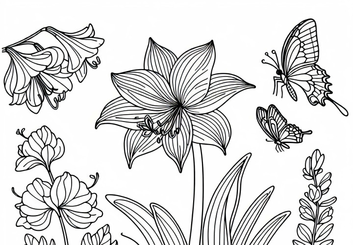 Schmetterlinge umkreisen eine Blume (Amaryllis) im Garten – Ausmalbild gratis