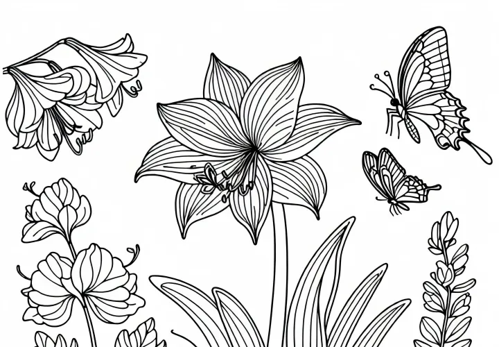 Motýli obletují květinu (Amaryllis) na zahradě – omalovánka zdarma