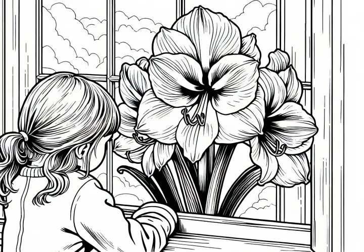 Dítě se dívá na Amaryllis květ - omalovánka zdarma