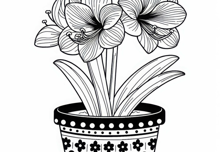 デザイン模様のある鉢から生えるアマリリスの花 - 無料塗り絵