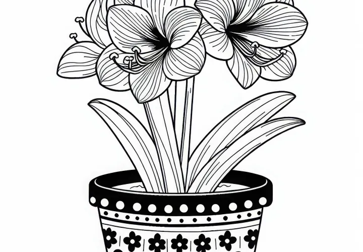 Květina Amaryllis roste z květináče s dekorativním vzorem – omalovánka zdarma