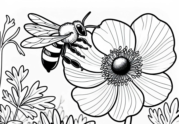 Bee collects nectar from flower Anemone coloring page free