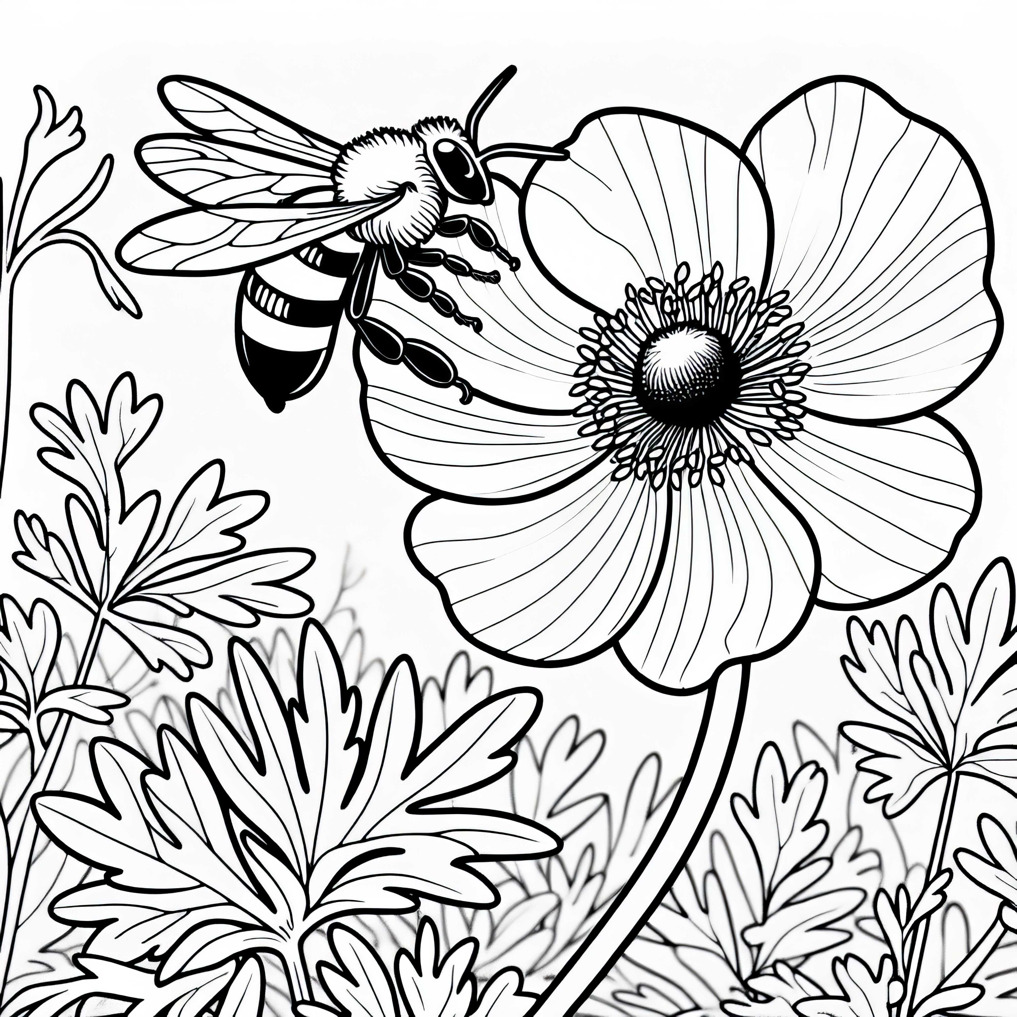 Abeille récolte du nectar de la fleur Anémone Colorier Gratuit
