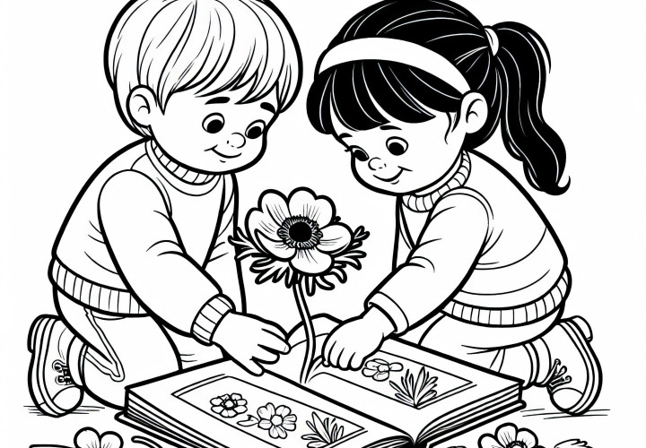Two children picking an anemone - Free coloring page