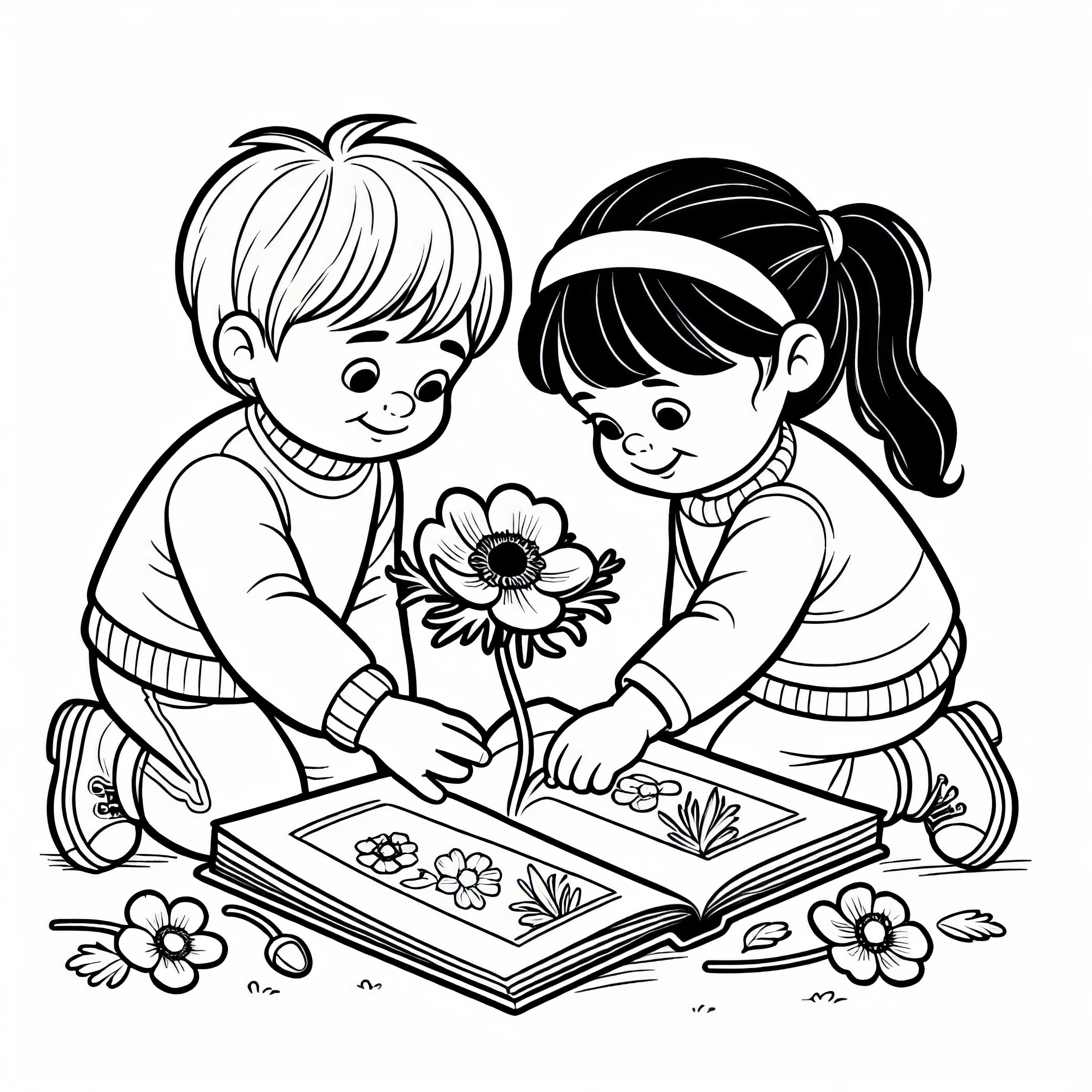 Dva otroka obirata anemone - brezplačna barvna predloga Dva otroka obirata anemone – Brezplačna slika za barvanje