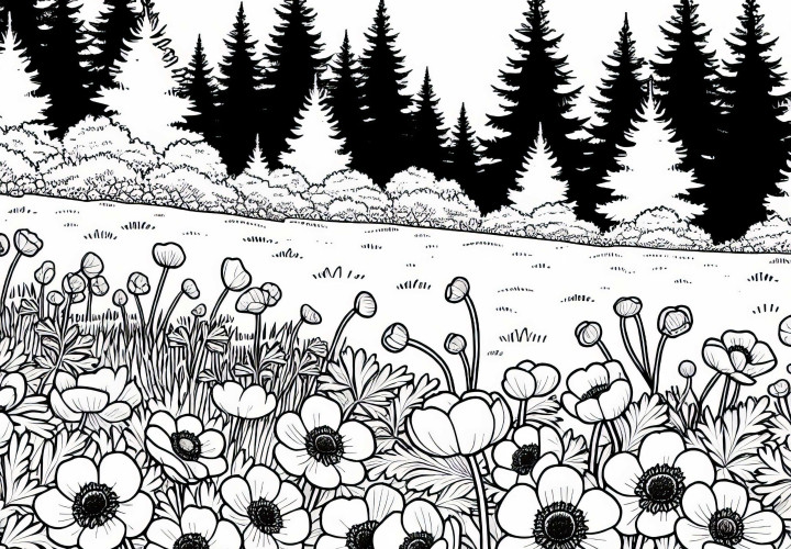 Several Flowers: Anemones Cover a Small Meadow at the Edge of the Forest - Free Coloring Page