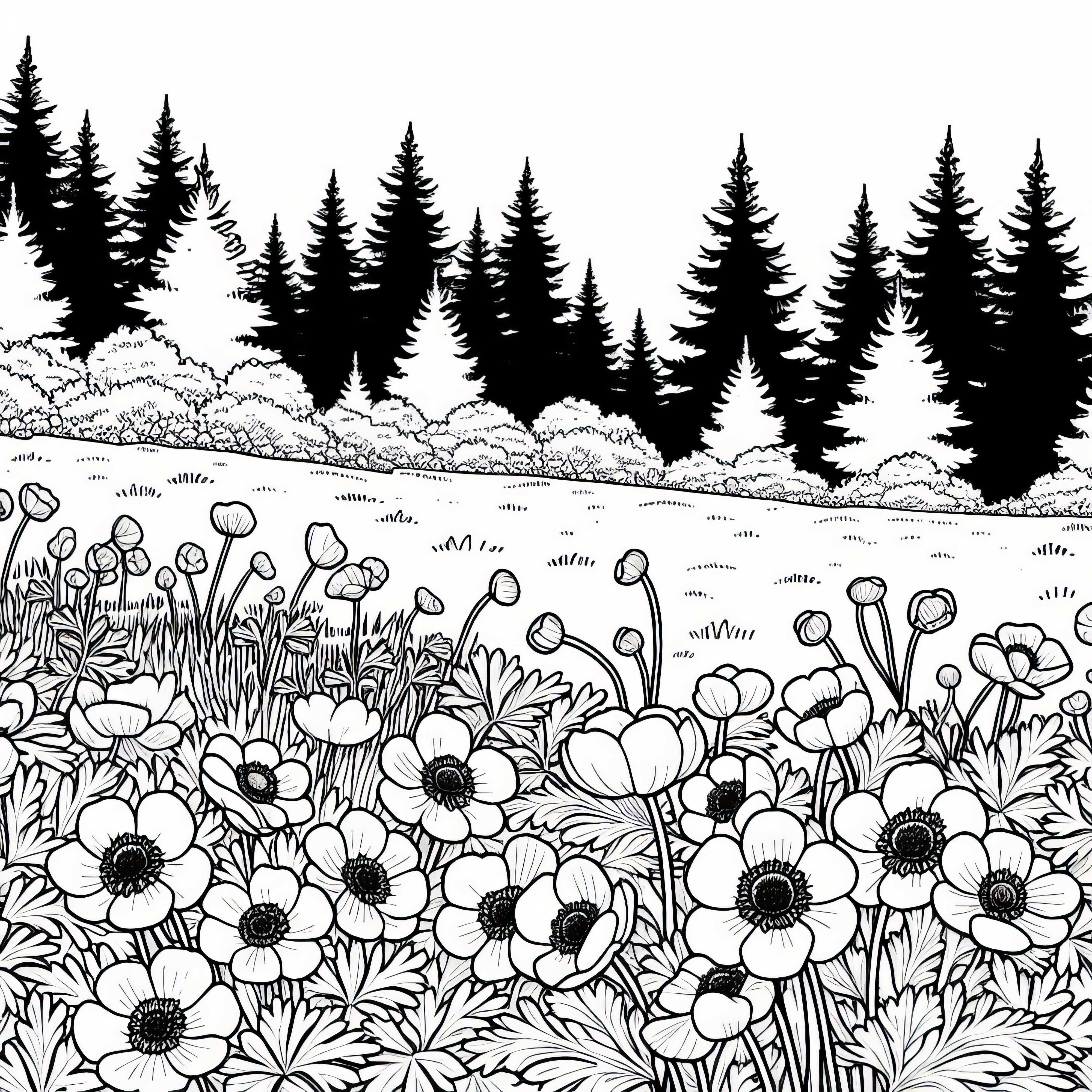 Several flowers: Anemones cover a small meadow at the edge of the forest - coloring page free