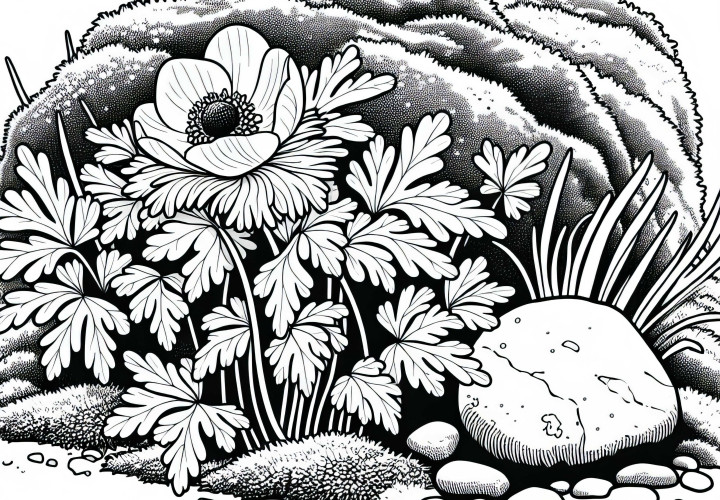 Coloring page of an anemone growing next to a moss-covered stone