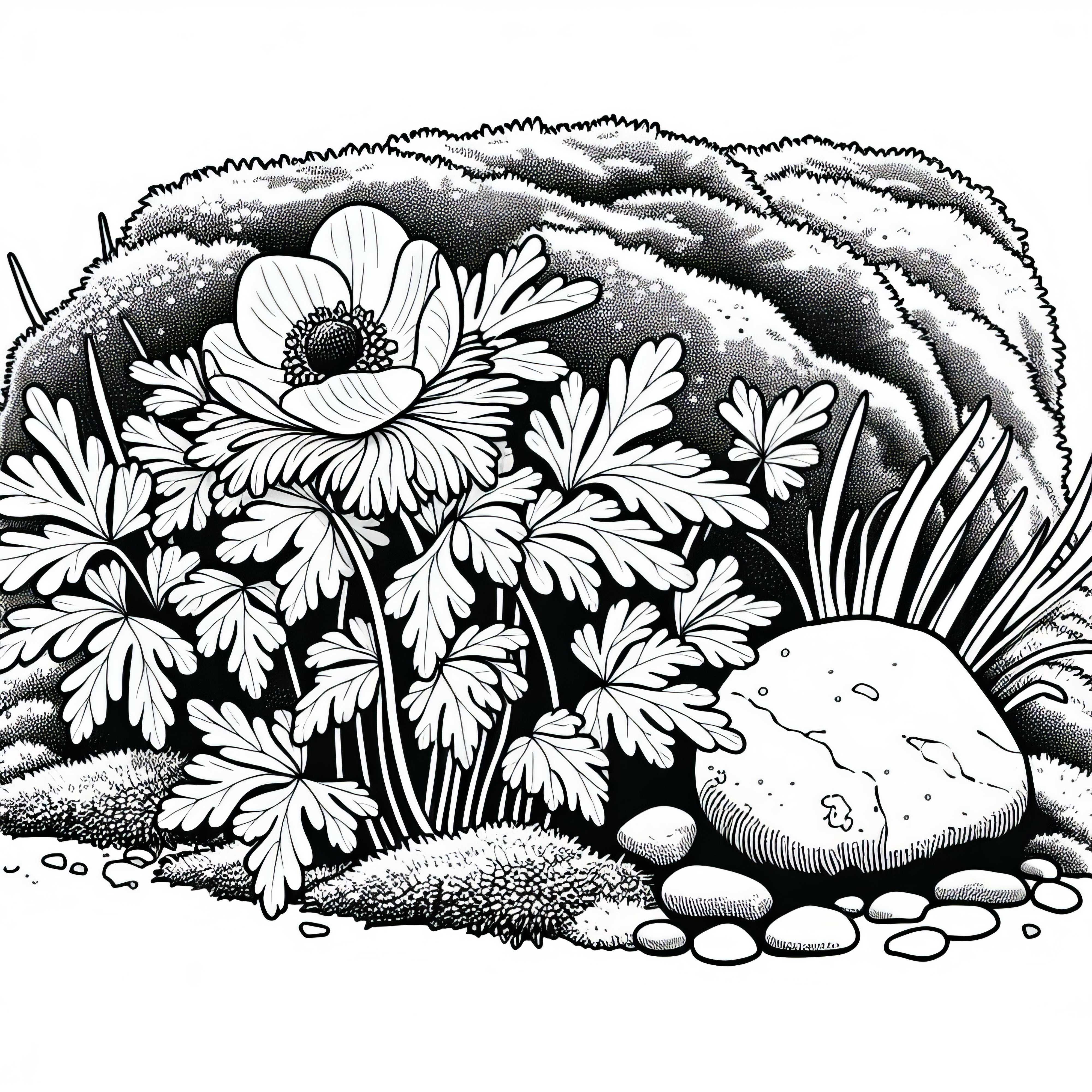 이끼로 덮인 돌 옆에서 자라는 아네모네의 색칠하기 그림 이끼로 덮인 돌 옆에서 자라는 아네모네의 색칠 그림