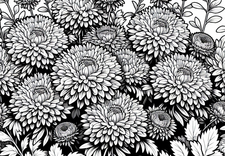 Varios flores de áster en el jardín - Plantilla de dibujo gratis