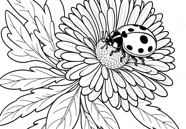 La mariquita se desplaza sobre la hoja de la flor Aster - Plantilla para colorear gratis