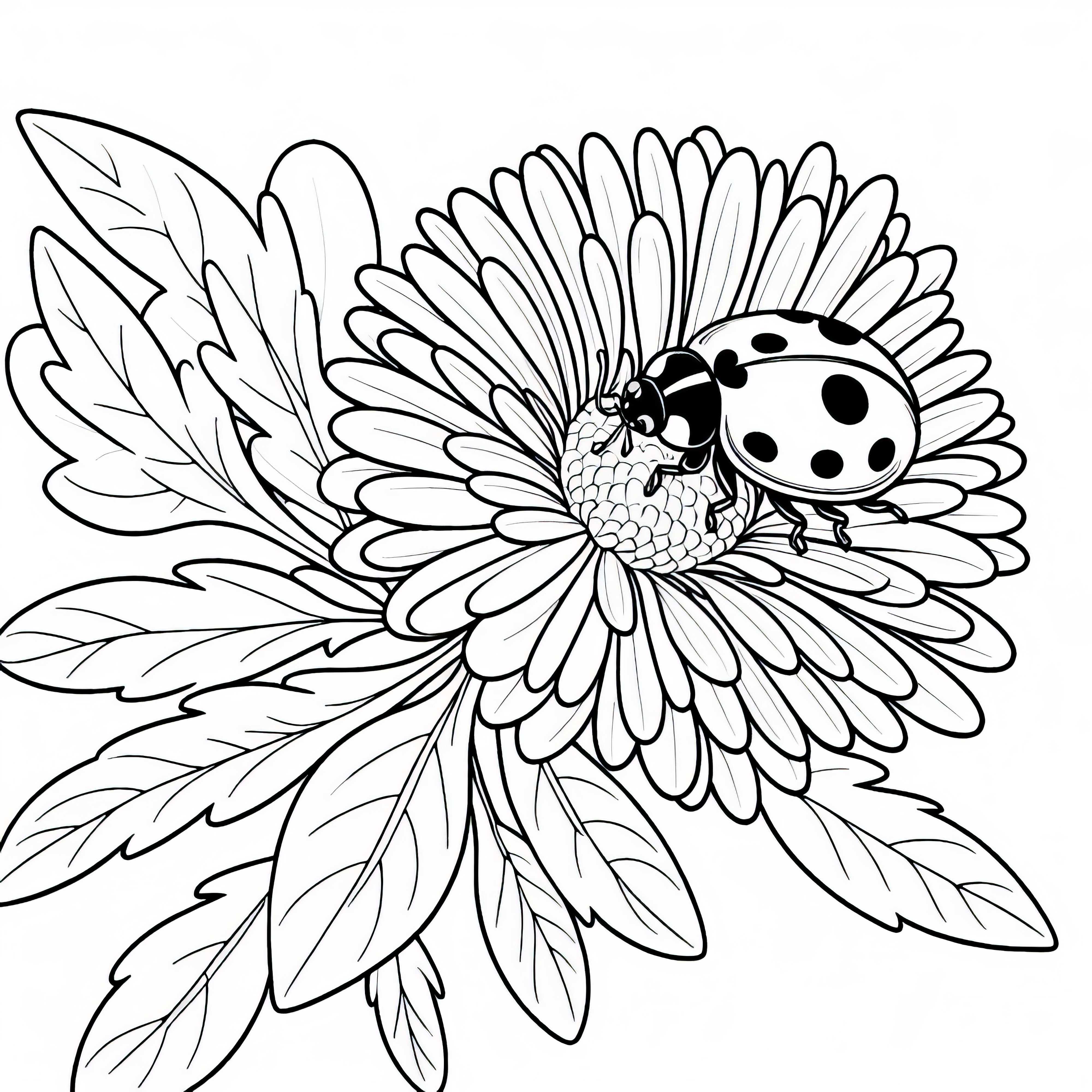 La mariquita arrastra sobre la hoja de la flor Aster - plantilla de dibujo gratis