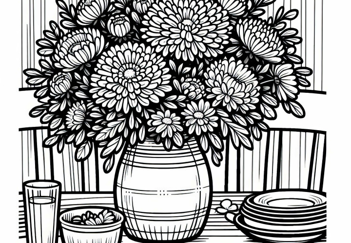 Ramo de flores, asters en jarrón sobre la mesa - plantilla para colorear gratis