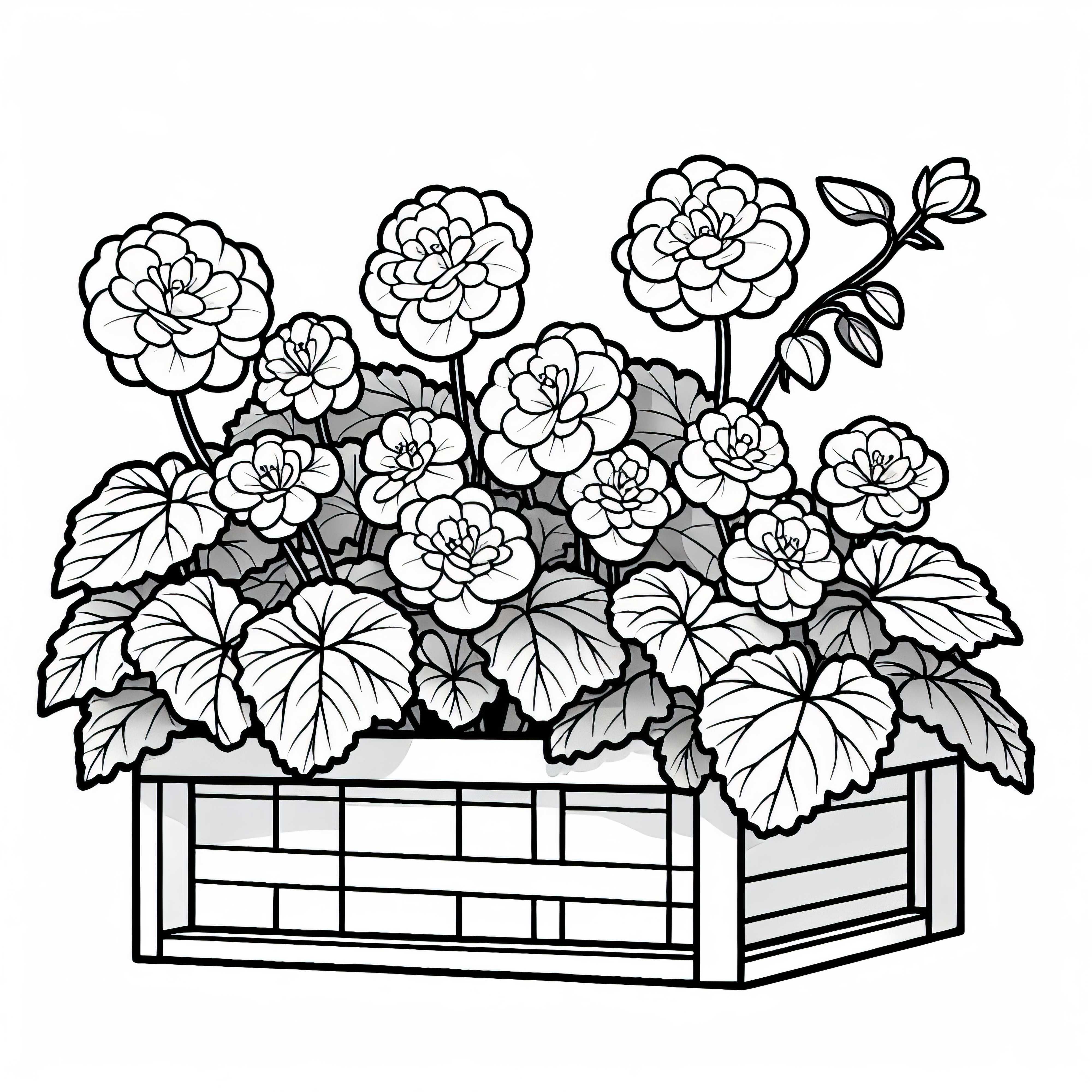 Several flowers: begonias bloom in a balcony box – free coloring page Several flowers: Begonias bloom in a balcony box – Free coloring template