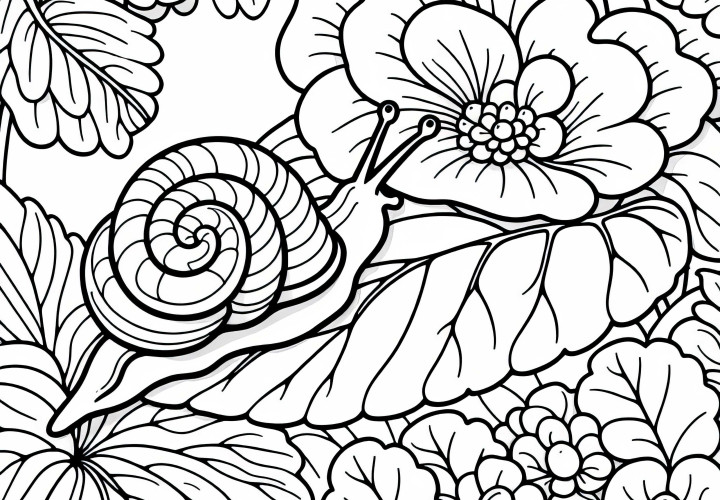 달팽이가 베고니아 꽃잎 위를 기어가고 있습니다 – 무료 색칠하기 도안