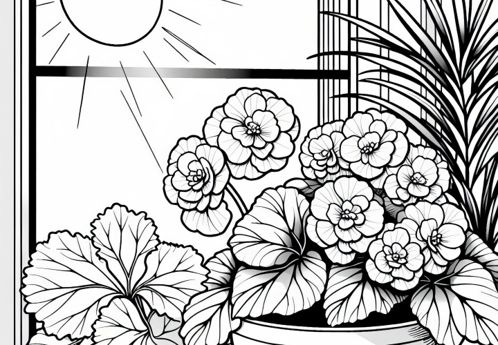 Coloring picture of begonias on the windowsill – Free coloring template