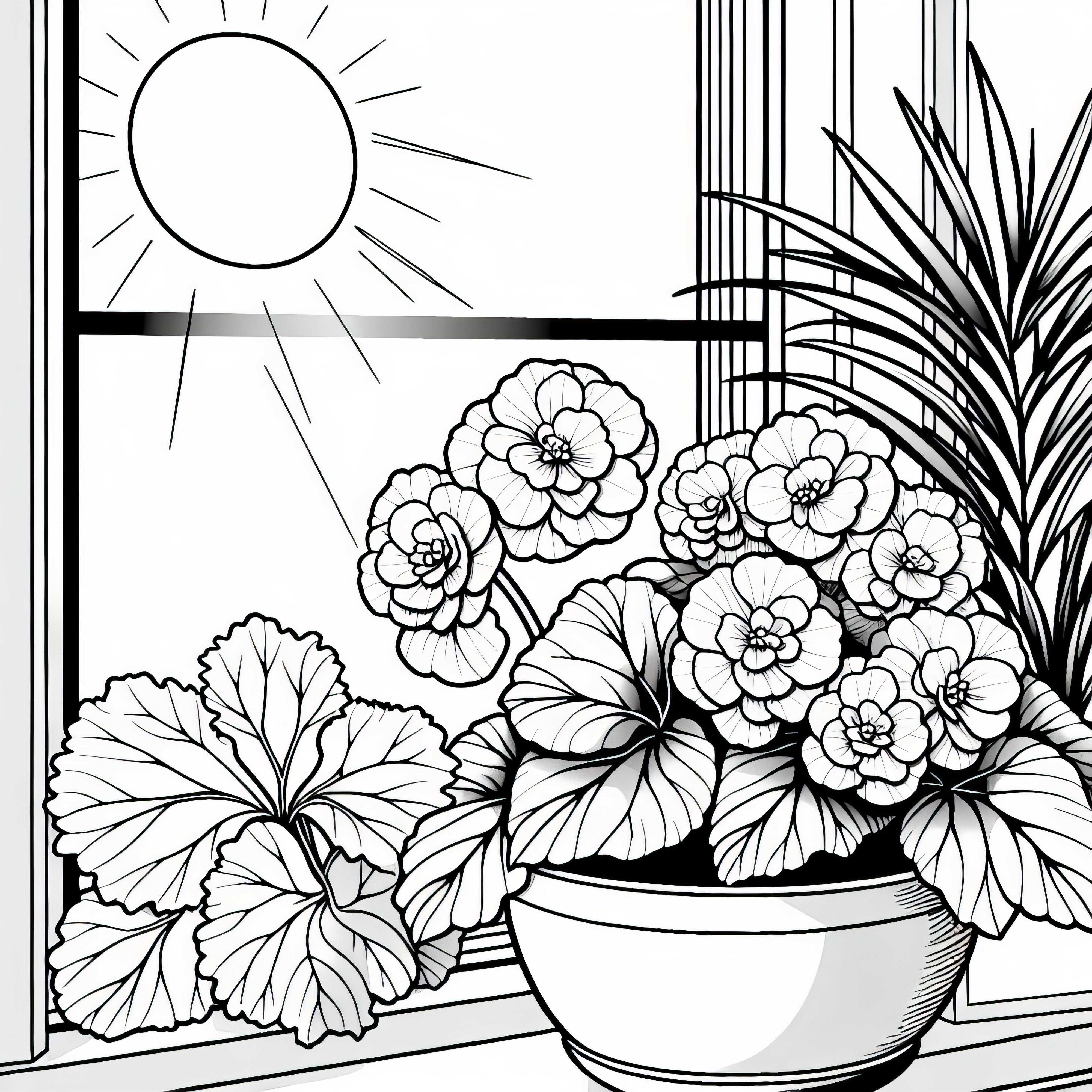창턱에 있는 베고니아 색칠 그림 - 무료 색칠 도안