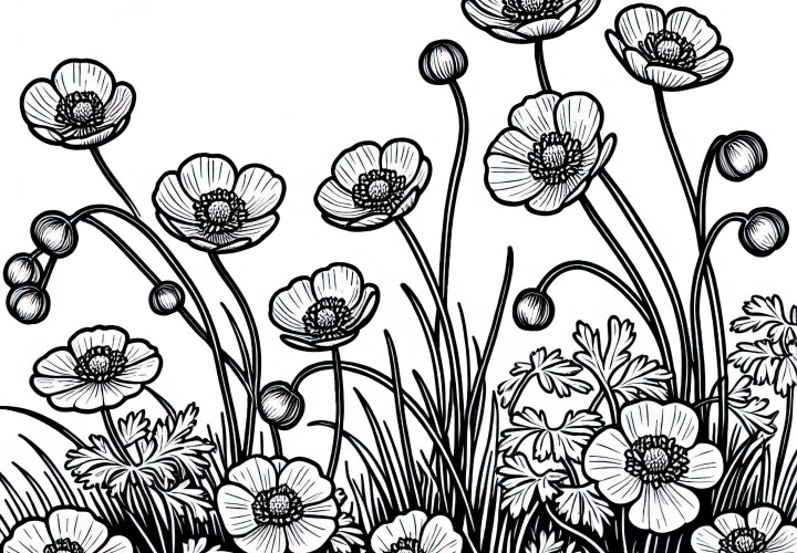 Several buttercups on the spring meadow - coloring page free