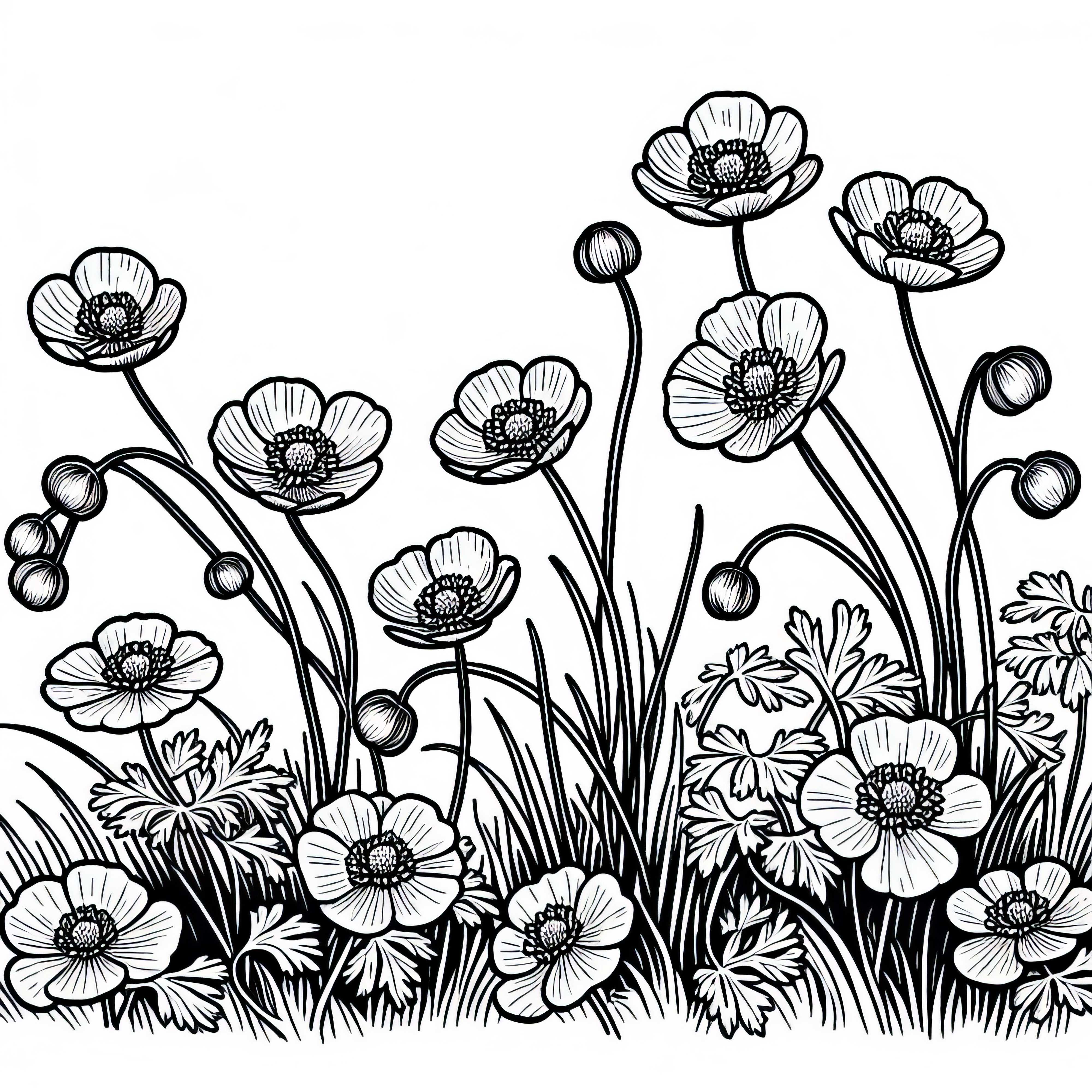 봄草밭의 여러 개의 버터컵 - 무료 색칠 페이? 봄 초원에 여러 개의 버터컵 - 무료 색칠하기 자료