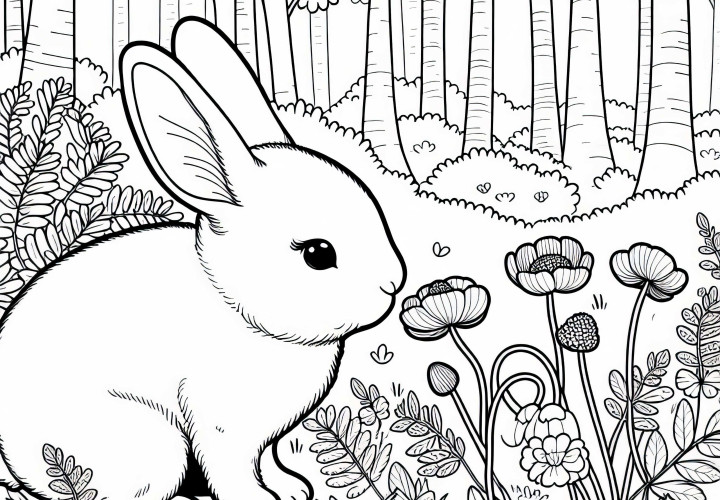 Rabbit sniffs buttercups at the edge of the forest – Coloring page for download
