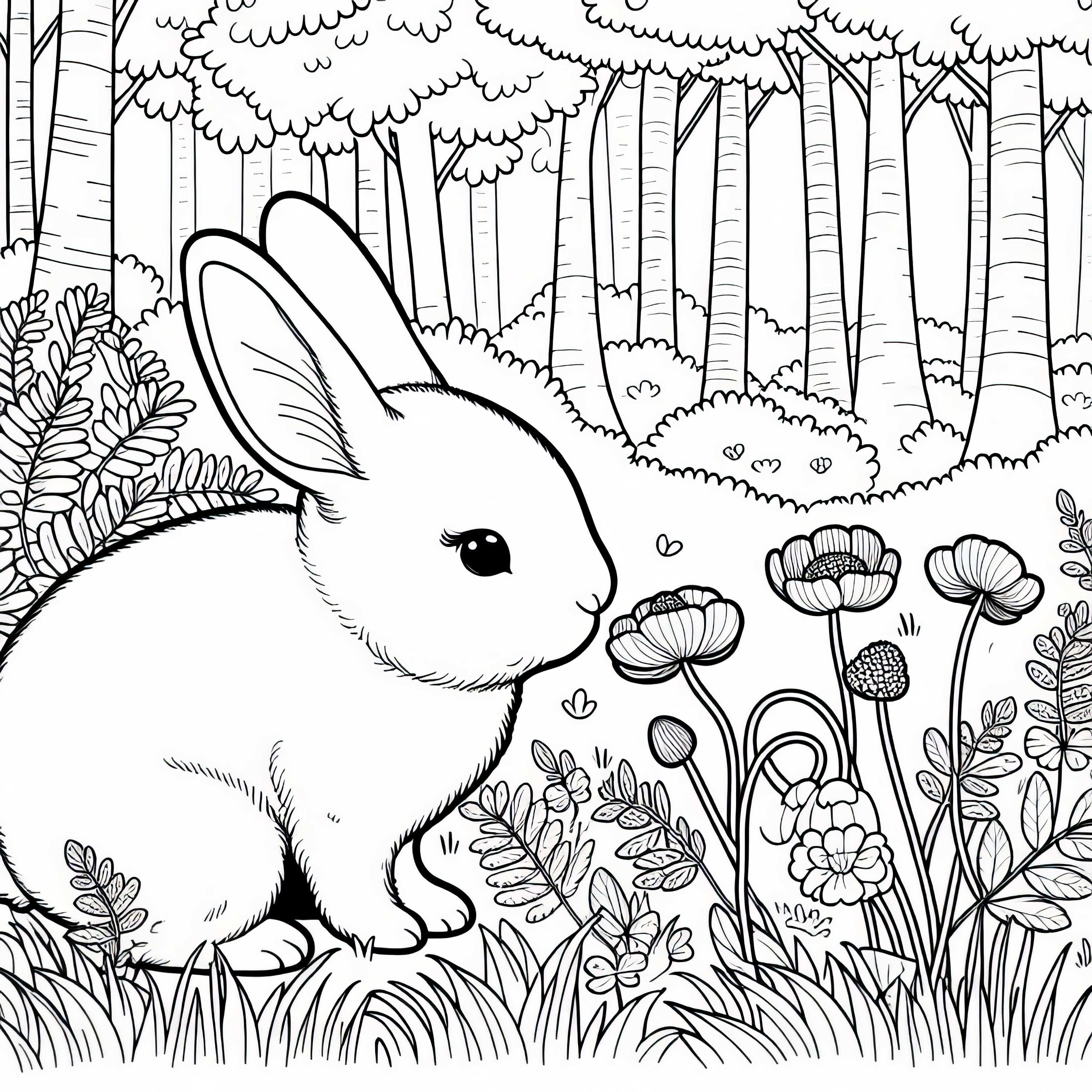 Rabbit sniffs buttercups at the forest edge – Coloring page to download