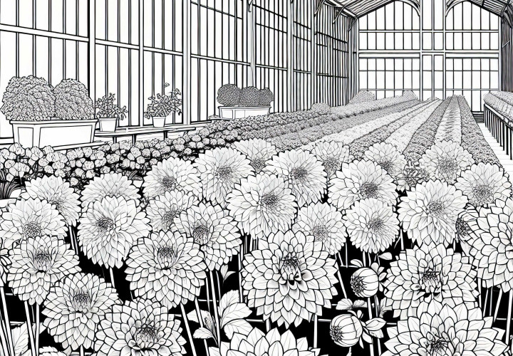 Plusieurs fleurs – des dahlias dans une serre comme dessin à colorier