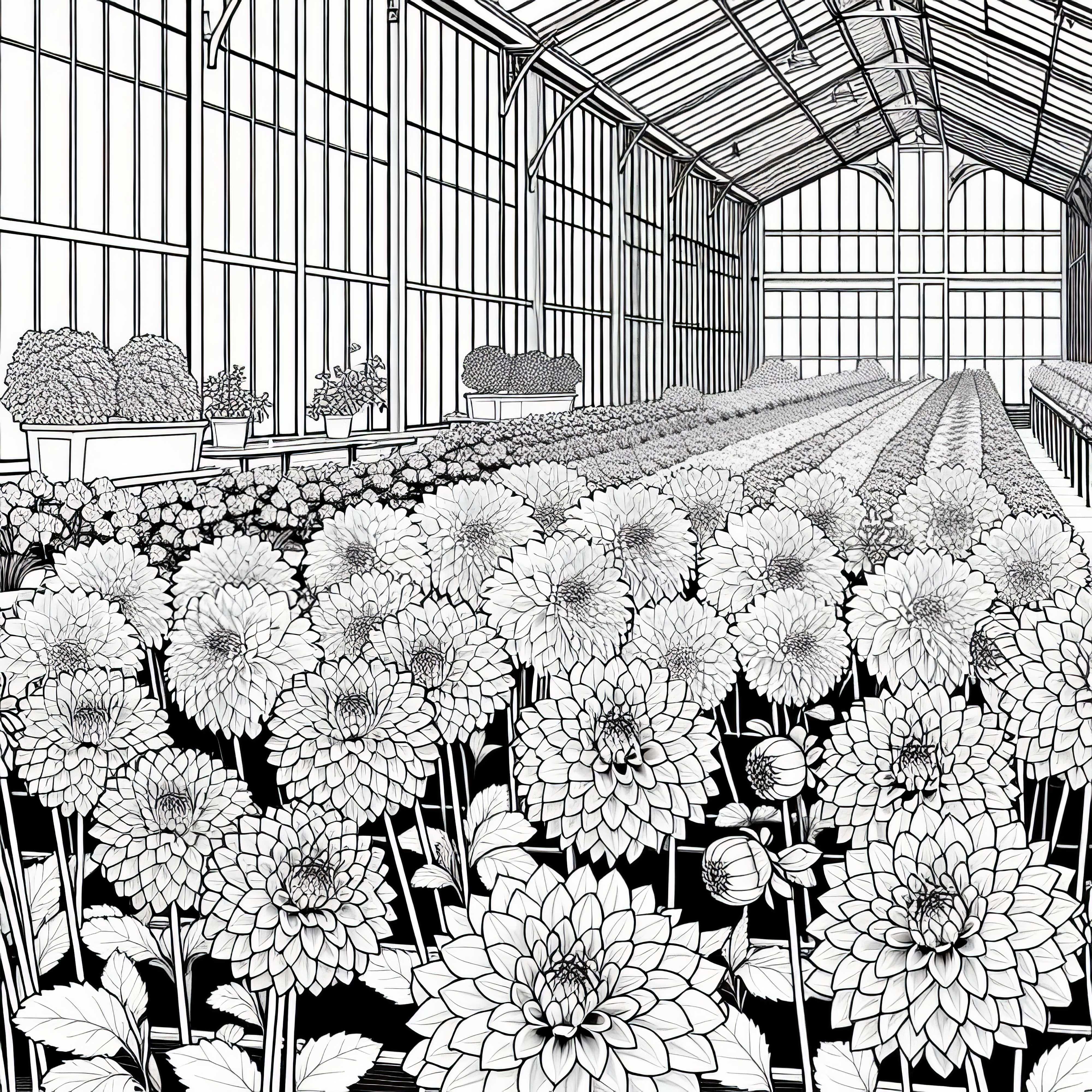 Več cvetov – dalije so v rastlinjaku kot barvna slika Več cvetlic – dalije stojijo v rastlinjaku kot slika za barvanje