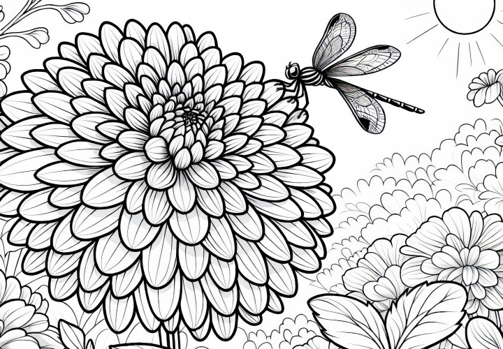 Libellule repose sur une dahlias – Image à colorier gratuite