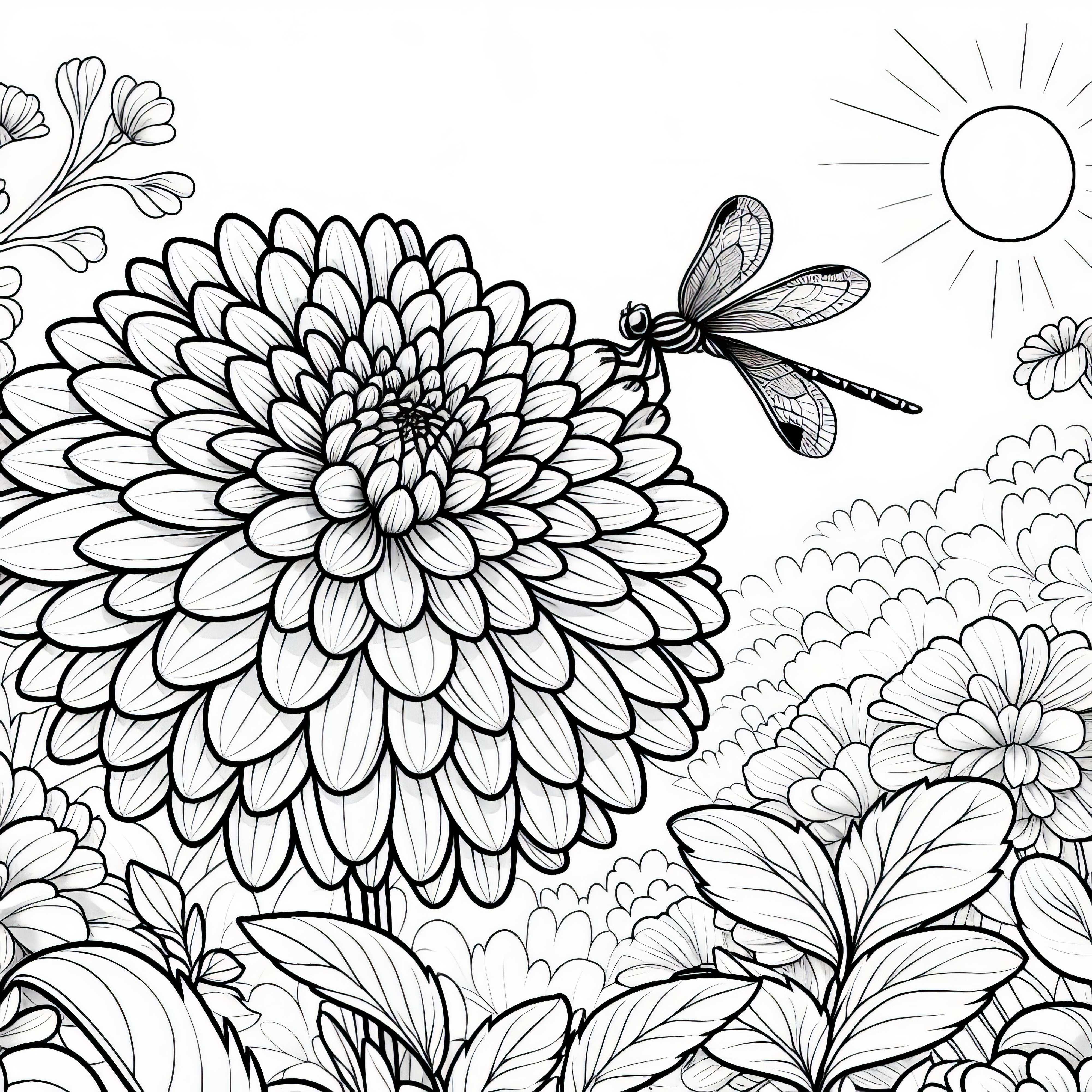Dragonfly resting on a dahlia - Free coloring page Dragonfly resting on a dahlia – Free coloring page