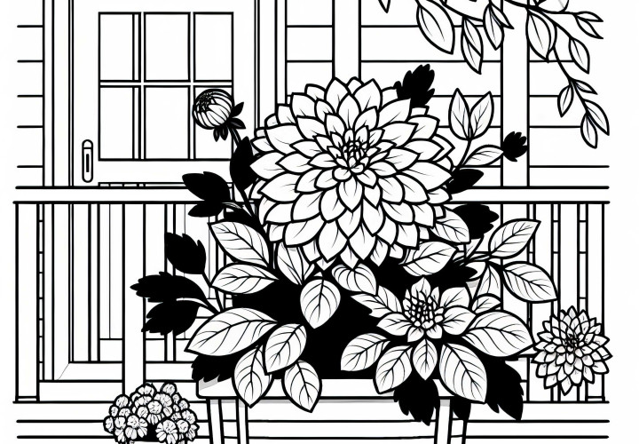 A flor Dália cresce no vaso de flores em frente à entrada da casa – modelo para colorir grátis