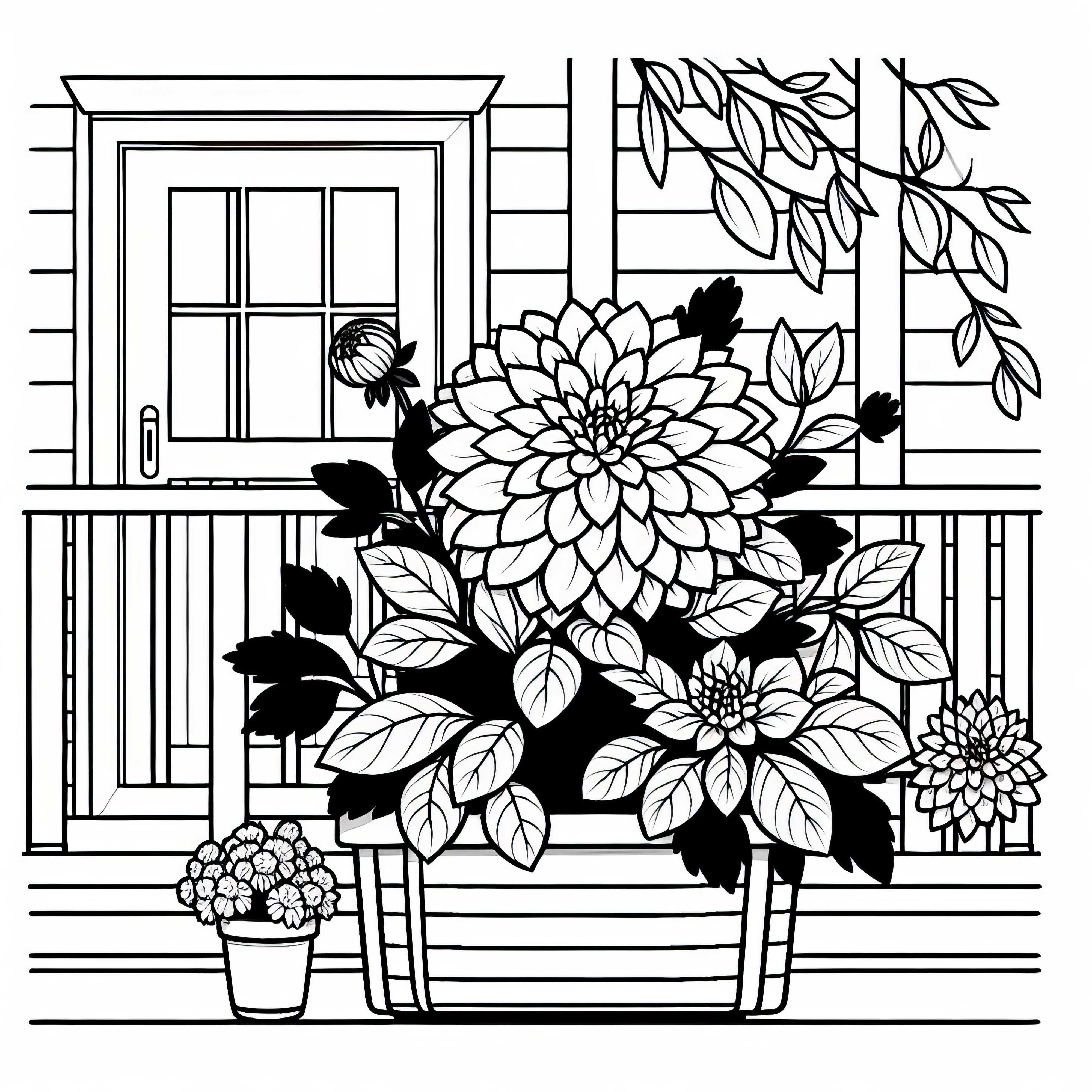 Dahlia flower grows in a flower pot in front of the house entrance – free coloring template Dahlia flower grows in a flower pot in front of the entrance – free coloring template