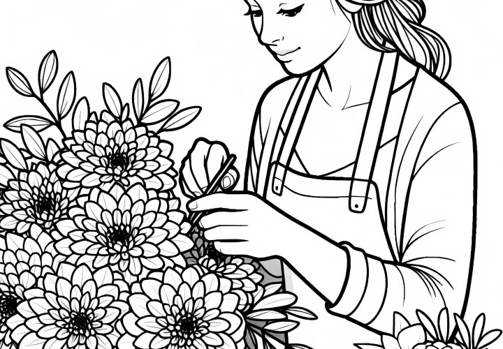 Fleuriste lie une gerbe avec des dahlias - Image à colorier gratuite