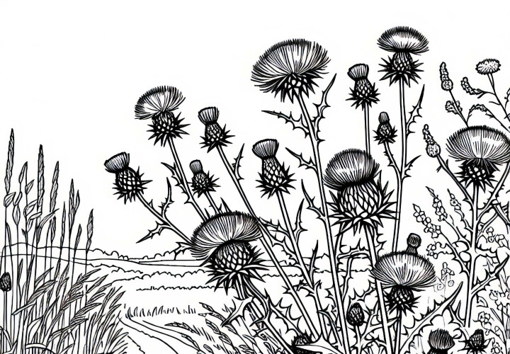 Several thistles grow wild on the dirt road - Free coloring page