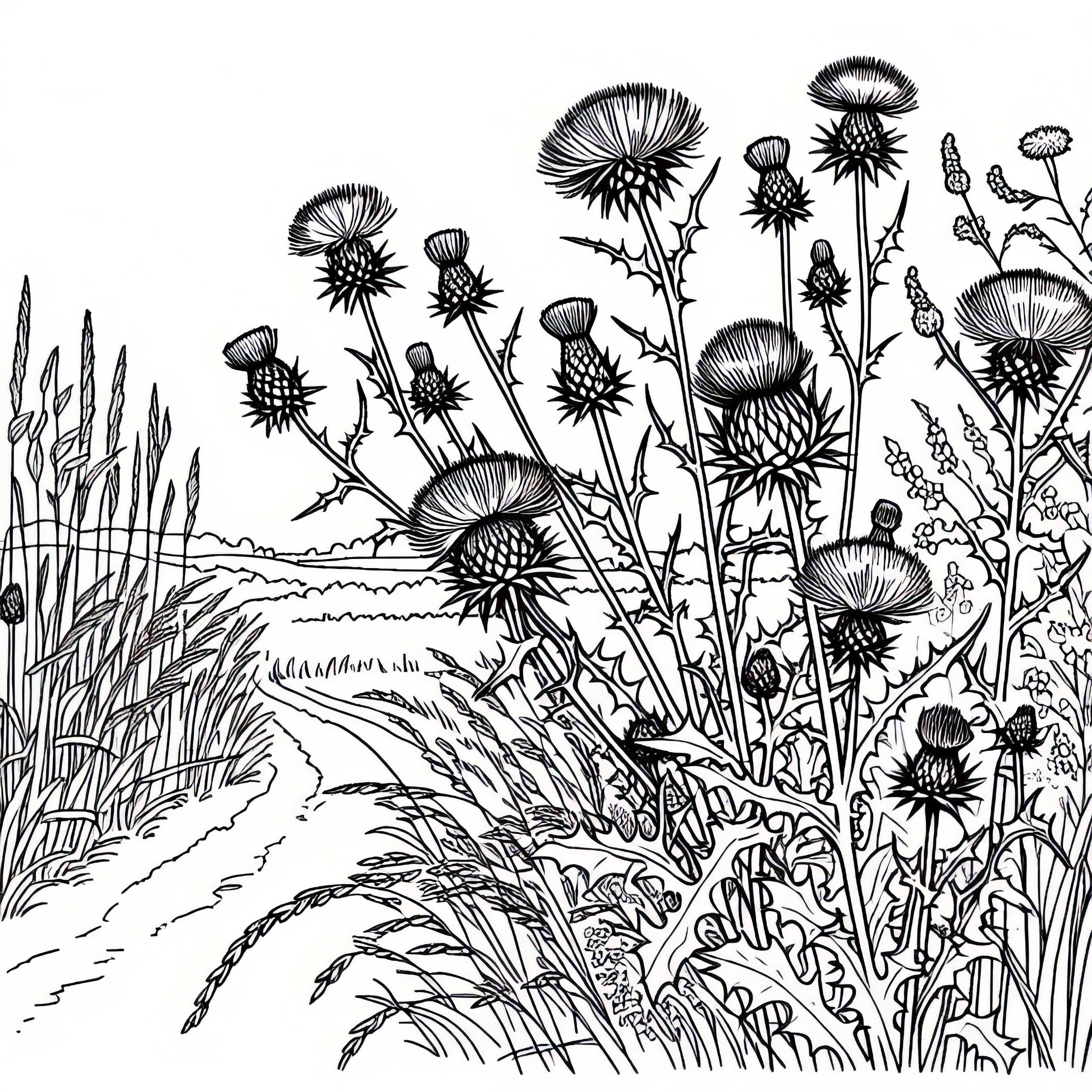 Several thistles grow wild on the dirt path – Free coloring page Several thistles grow wild on the dirt road - Free coloring page
