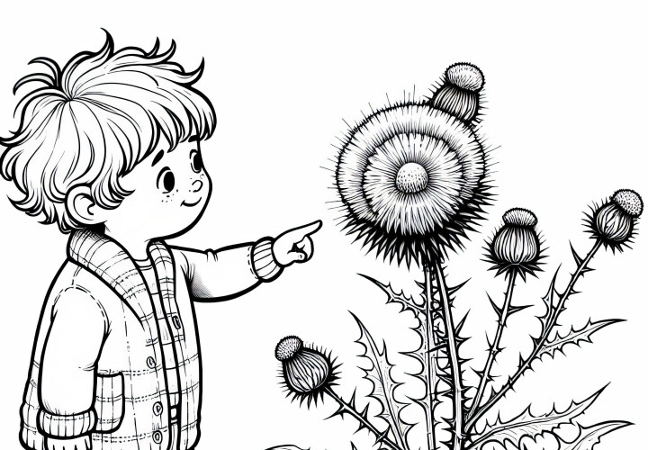 Child points at thistle – Free coloring page