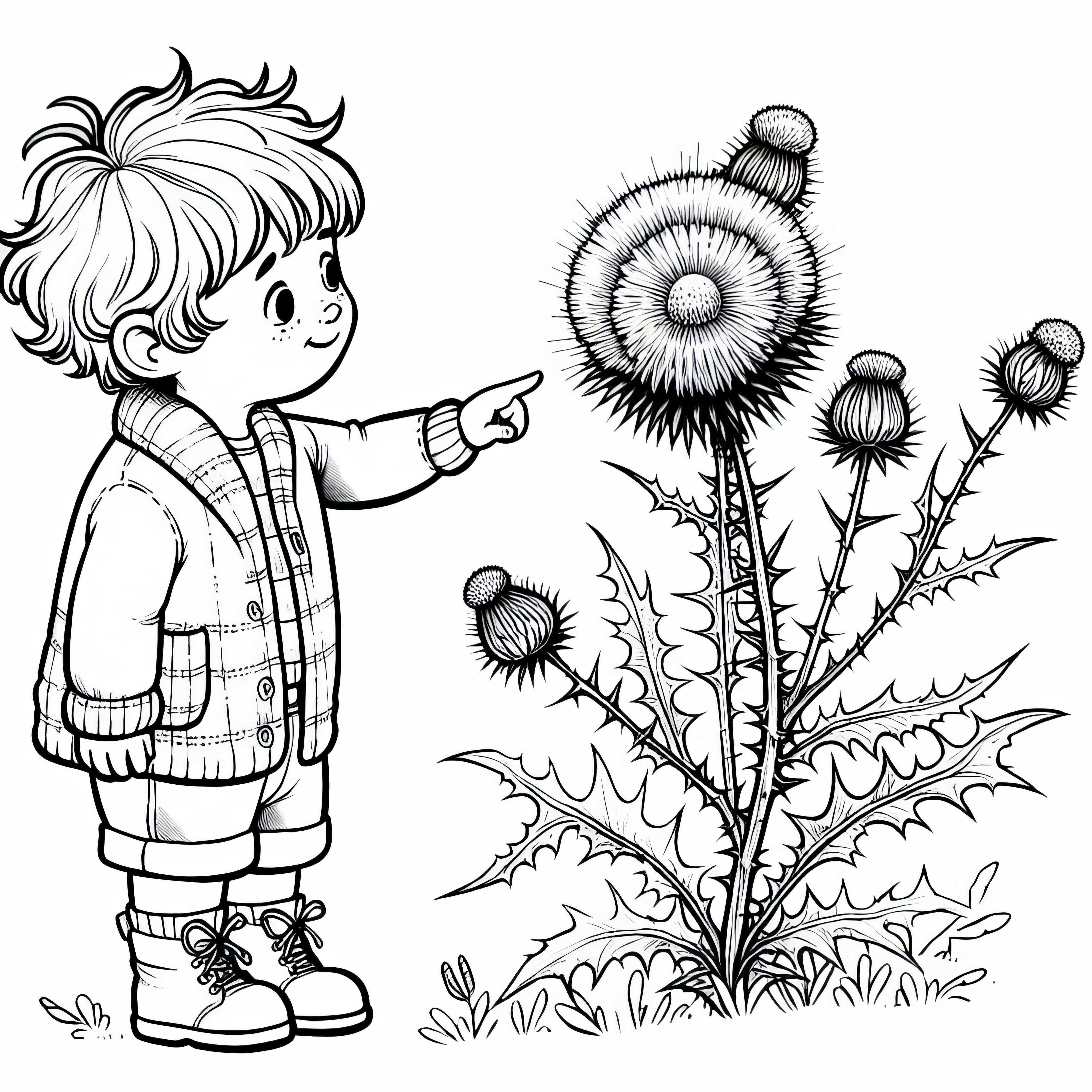Child points at thistle – Free coloring page Child points at thistle – Free coloring page