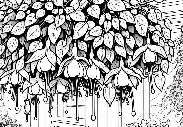 Více květin: Fuchsie visí z květinového koše na terase – omalovánka zdarma