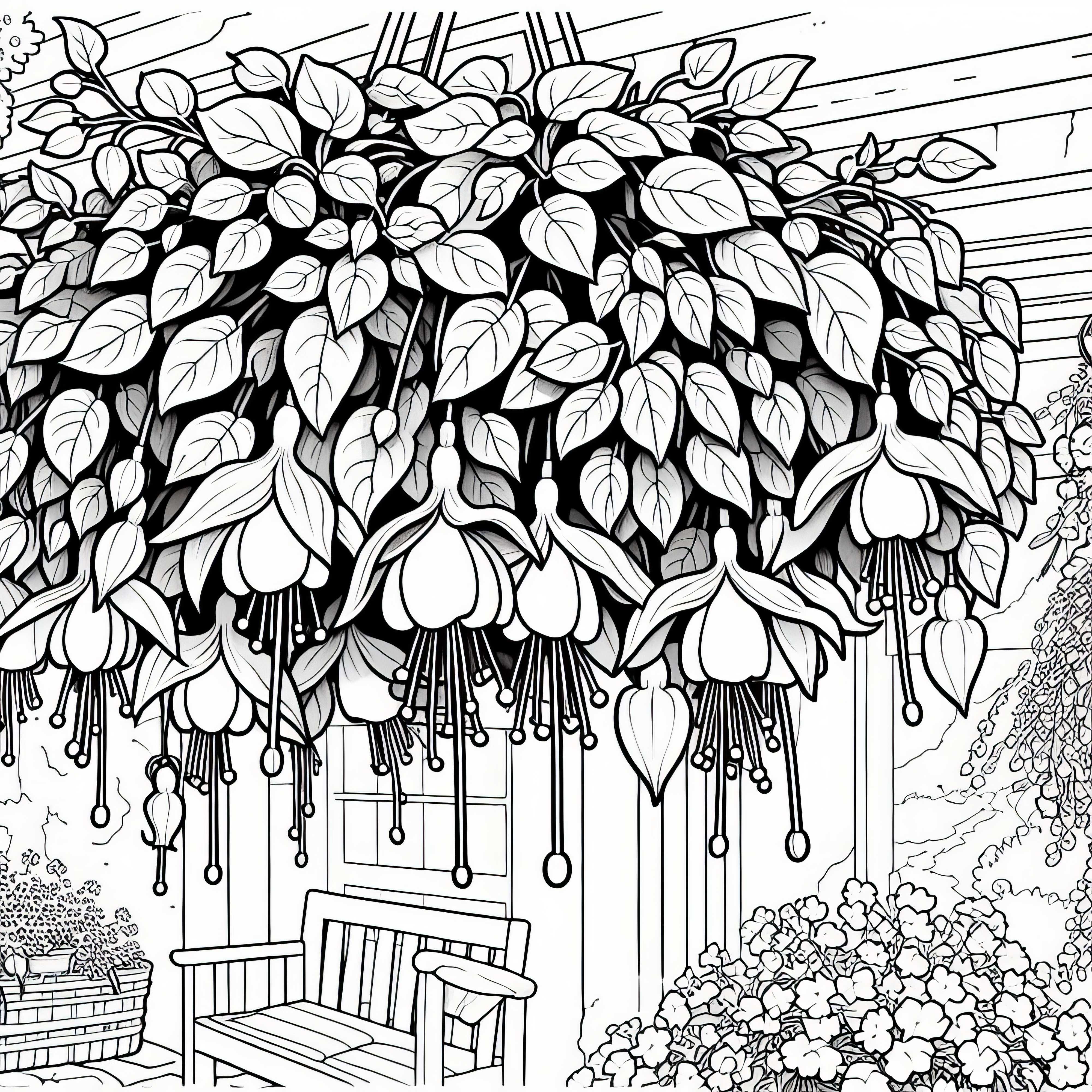 複数の花: テラスの花かごからぶら下がるフクシア - 無料塗り絵