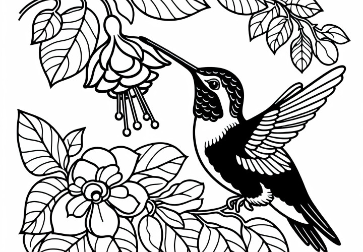 Kolibřík pije nektar z fuchsie – Zdarma vybarvovací šablona
