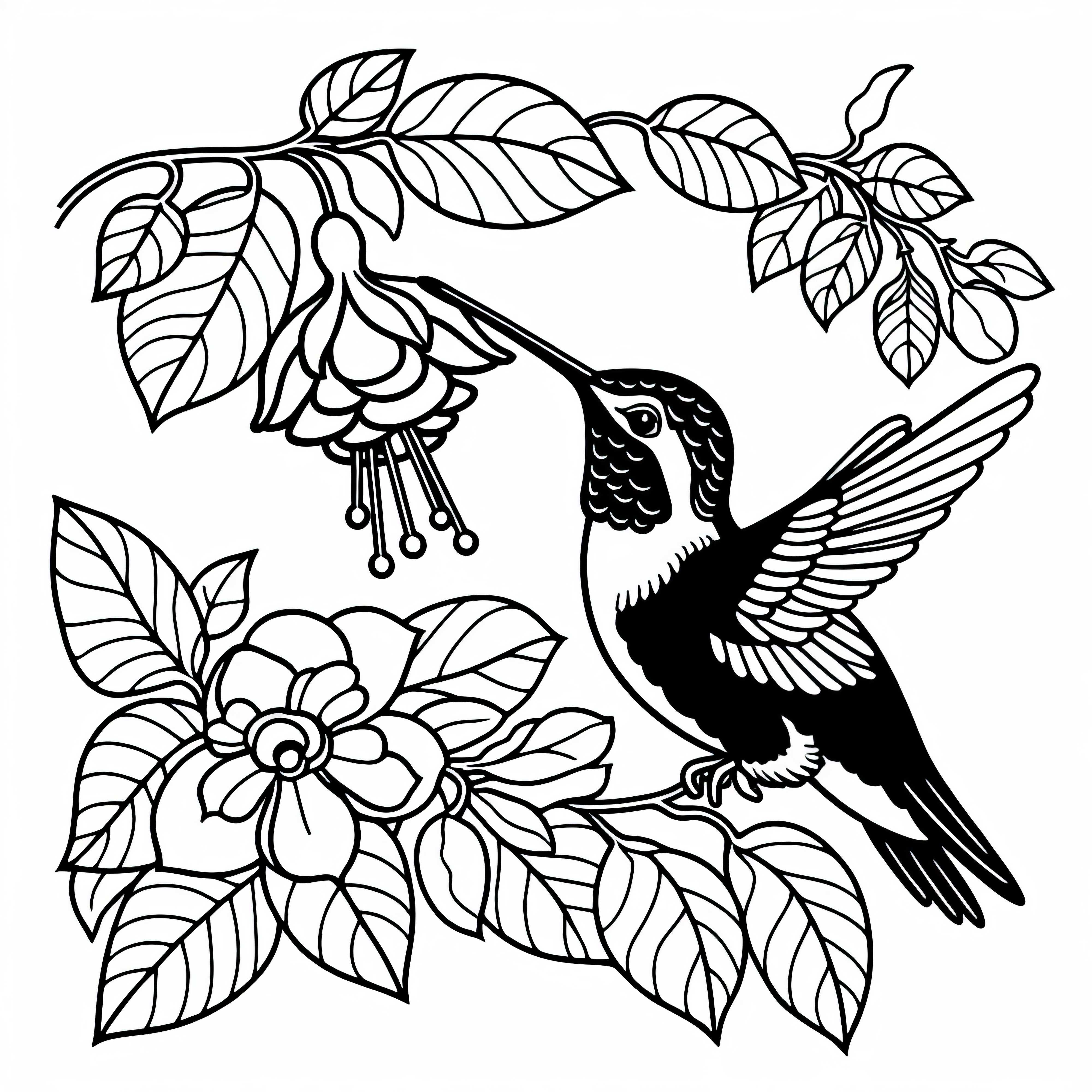 Kolibřík pije nektar z fuchsie – zdarma omalovánka