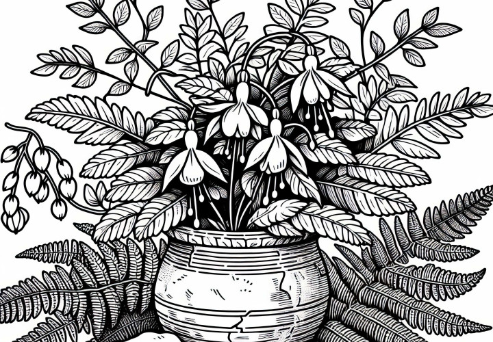 Květina fuchsie roste v kamenném květináči – omalovánka zdarma