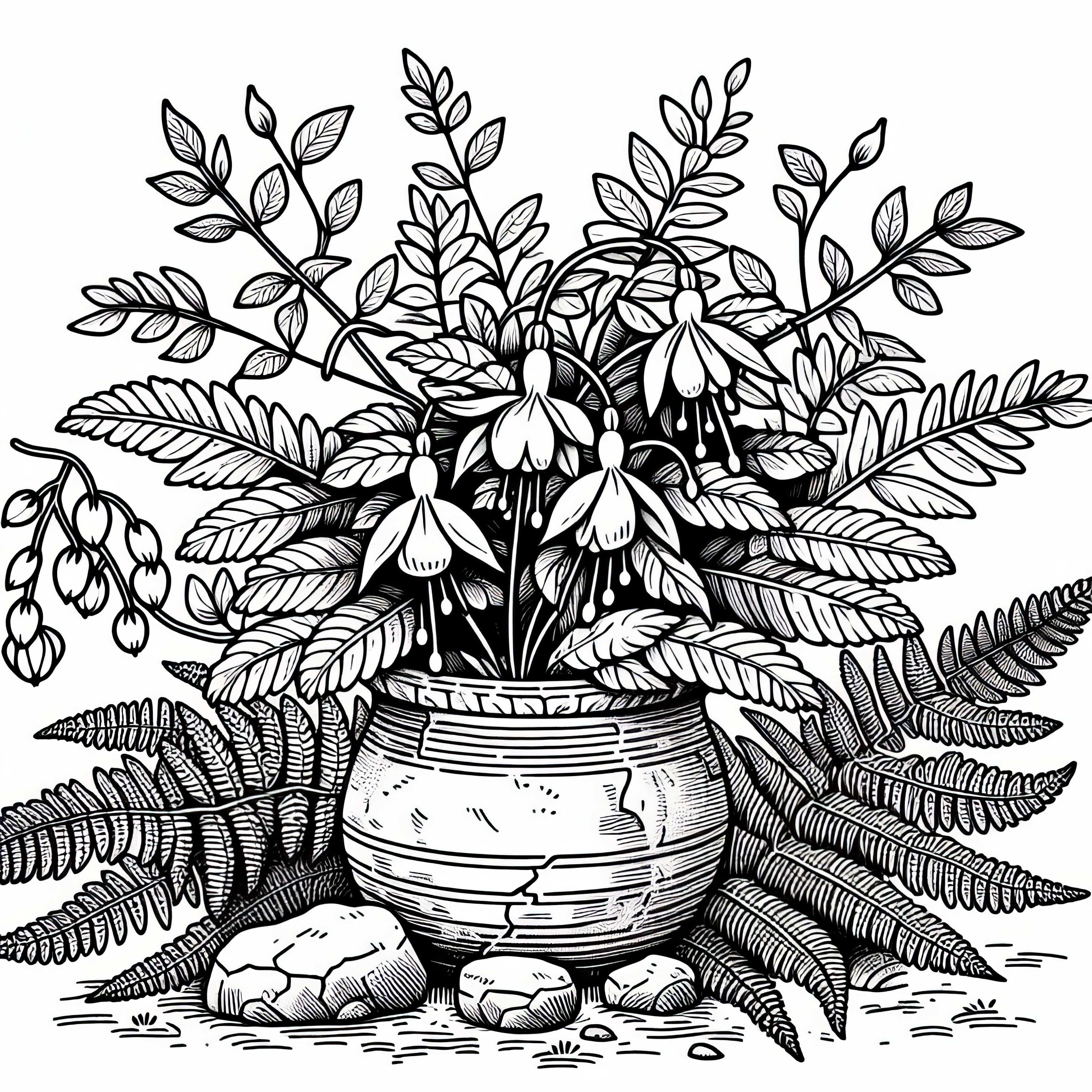 Fuchsia flower grows in a stone pot – Free coloring page Flower Fuchsia grows in the stone pot – Free coloring page