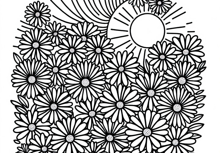 いくつかのデイジーが晴れた草原を覆っています - 無料の塗り絵