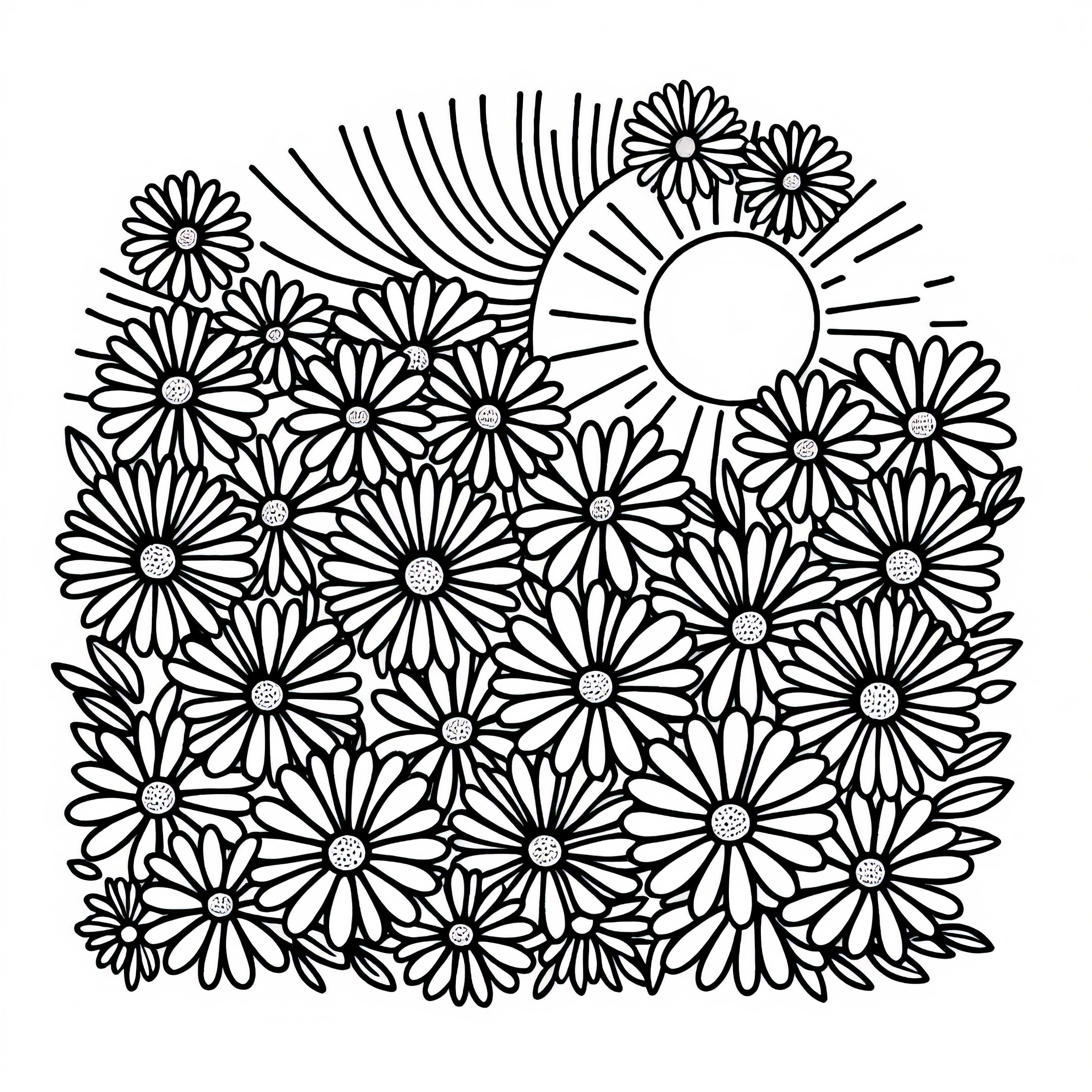 여러 국내리들이 햇볕이 잘 드는 풀밭을 덮고 있습니다 – 무료 색칠 그림 여러 개의 데이지가 햇볕이 잘 드는 초원을 덮고 있는 – 무료 색칠하기 그림