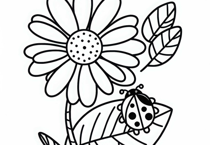 てんとう虫がデイジーの葉の上に座っています - 無料の塗り絵