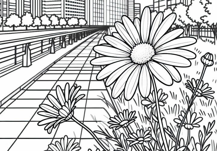 道端に生えているデイジー - 無料ぬりえ